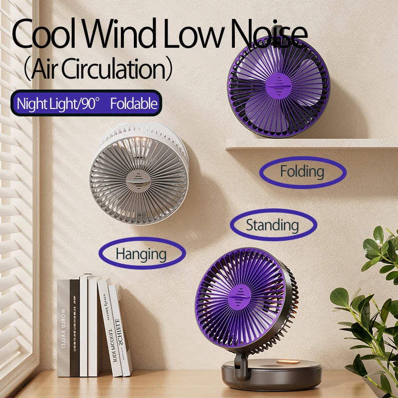 2024 New 5000mAh Rechargeable Table Fan Portable Air Conditioner Wall Mounted Fan 90° Folding Fan 4 Gears with Warm Night Light