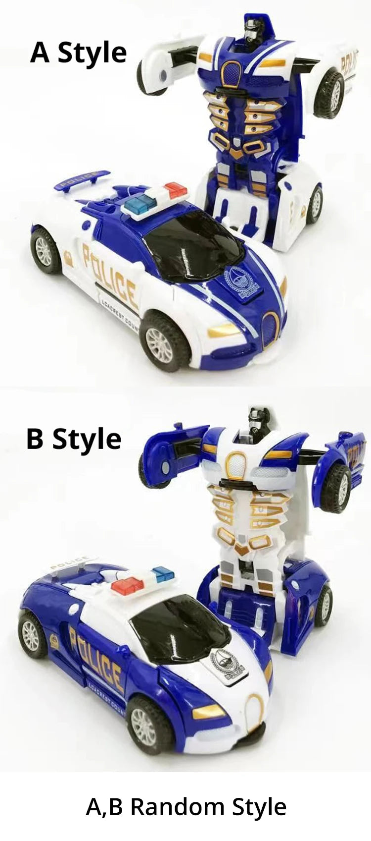 Blue Children's Collision Deformation Police Car Toy Boy Inertia Impact One-Button Deformation Car