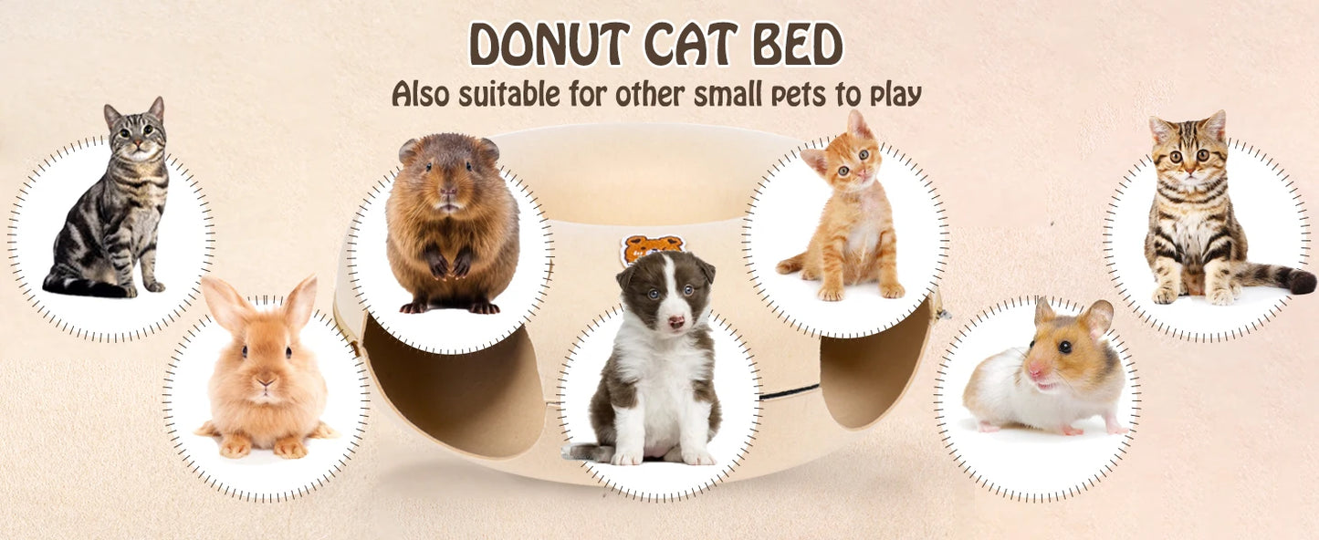 Cat Tunnel Bed for Cats Peekaboo Cat Cave Dual-Opening Cat Cave for Medium Large Cats Scratchable Donut Cat Bed Cat Donut Tunnel