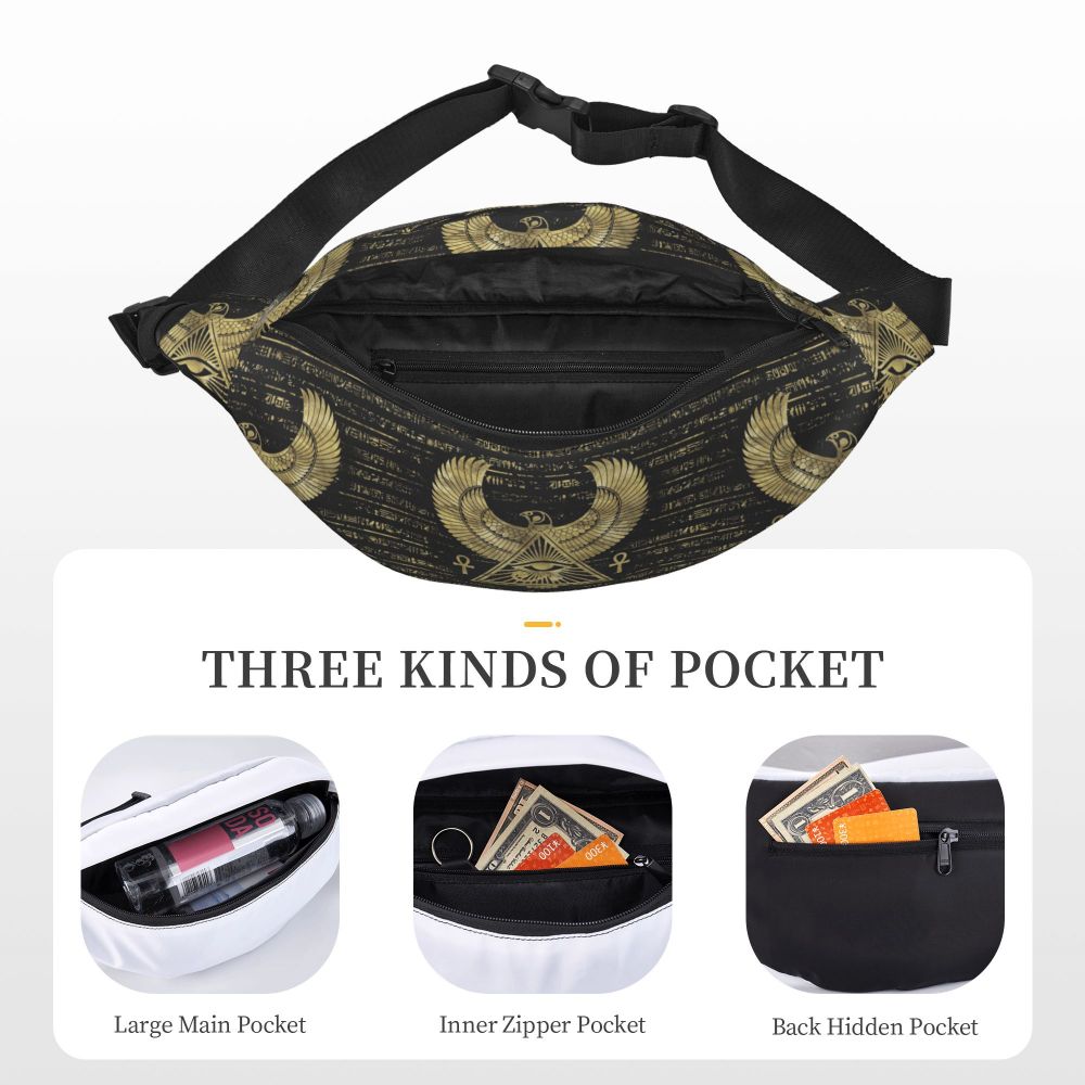 Ancient Gold Pharaoh Egypt King Tut Fanny Bag Custom Egyptian Hieroglyphic Sling Crossbody Waist Pack Hiking Phone Money Pouch