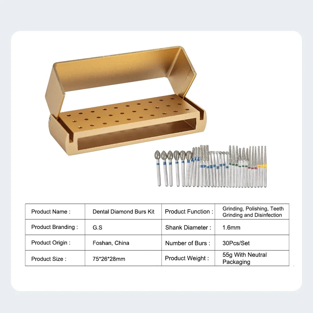 30Pcs/set Aluminium Dental Burs Kit with Holder Dental Diamond Burs for High Speed Handpiece Turbine + Burs Placement Box