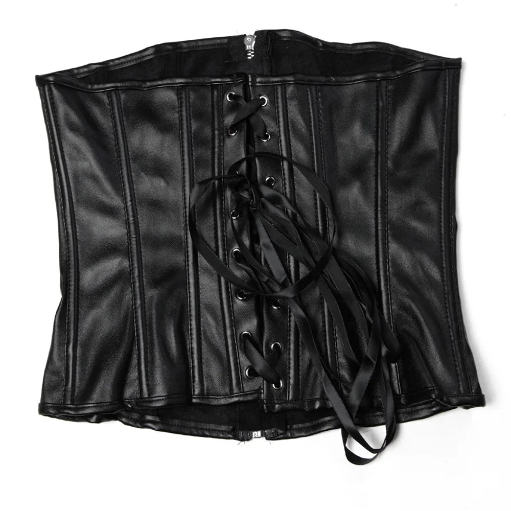 Black Short Zipper PU Faux Leather Underbust Corset Ladies Gothic Waist Trainer Body Shaper Bustier Top