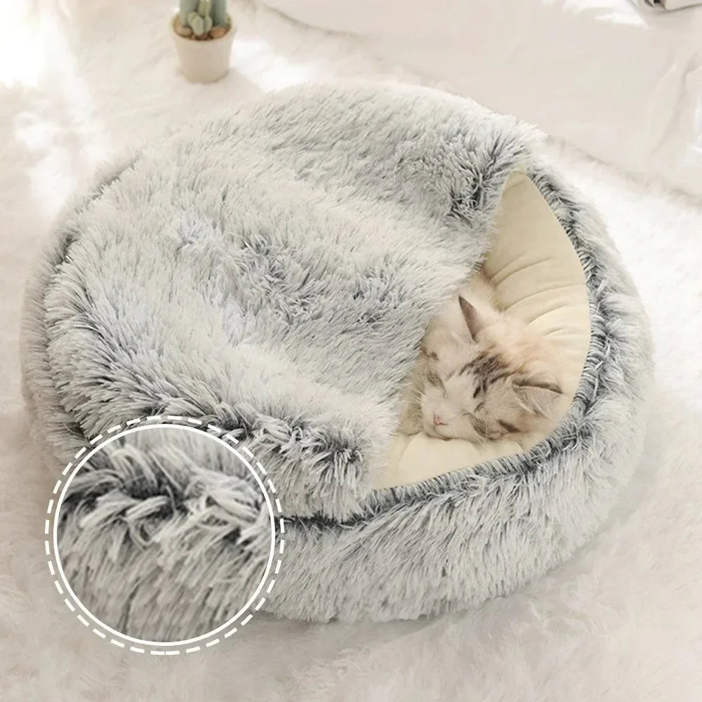 1PC Cat Beds Round Soft Plush Burrowing Cave Hooded Cat Bed Donut for Dogs Cats Comfortable Self Warming Dog Bed Pet Accessories