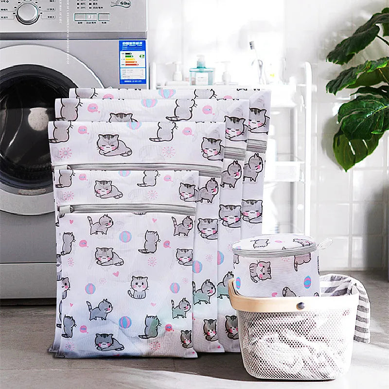 Cartoon Cat Printing Laundry Bag for Washing Machines Lingerie Wash Bags Foldable Dirty Clothes Bag Bra Underwear Laundry Basket