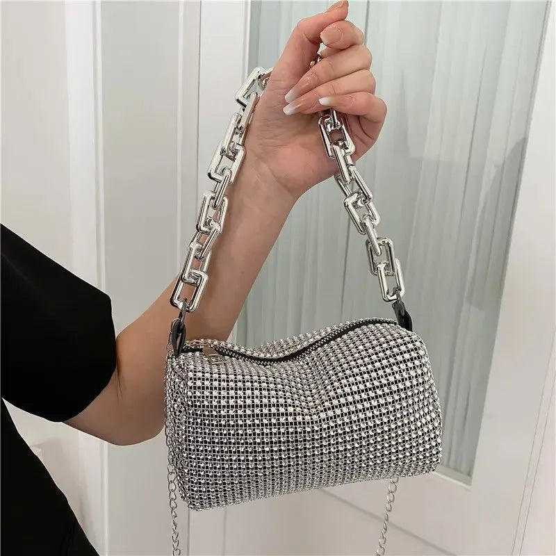 Allover Rhinestone Bucket Bag, Glitter Chain Prom Purse, Women's Mini Crossbody Bag (6.3*3.54) Inch