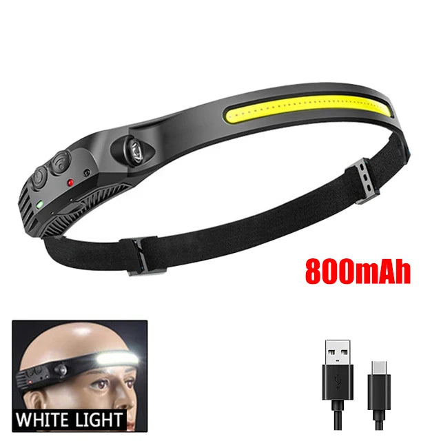 COB LED Headlamp Induction Head Lamp Built-in Battery USB Rechargeable Head Flashlight Outdoor Camping Fishing Sensor Headlight