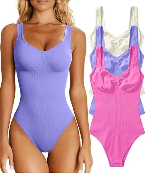 2023 Seamless Bodysuit Shapewear Women Square Neck Tummy Control Thong Body Shaper Sexy Ribbed Tank Tops Slimming Jumpsuit