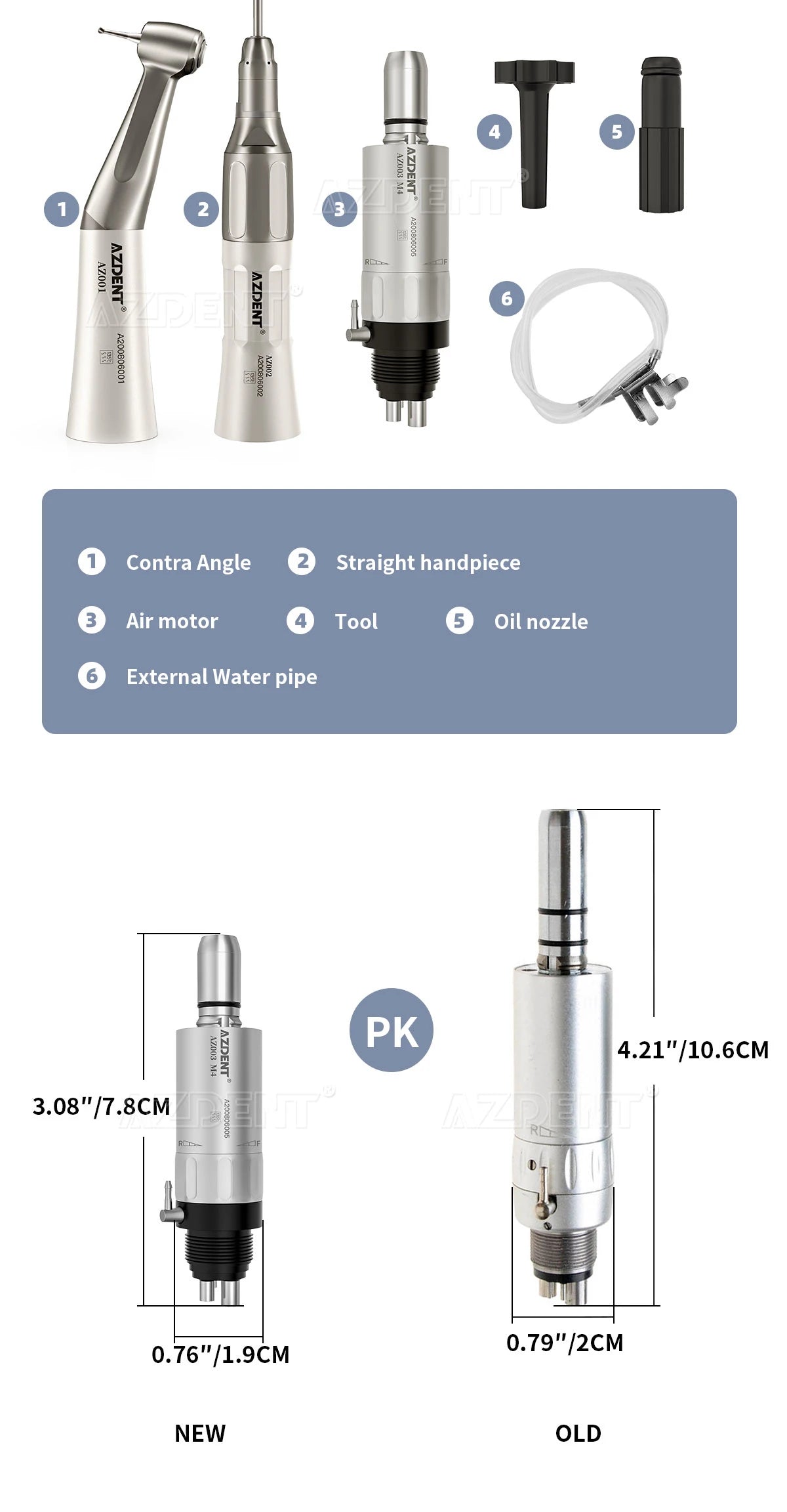 1PC AZDENT Dental Low Speed Handpiece 1:1 Contra Angle for ø2.35mm CA Burs Push Button Straight NoseCone Air Motor 2/4 Holes