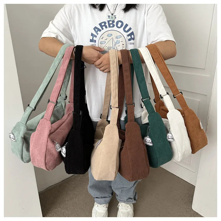 Black Corduroy Bags for Women Japanese Canvas Large Single Shoulder Crossbody Dumpling Bag Student Korean Casual Simple Handbag