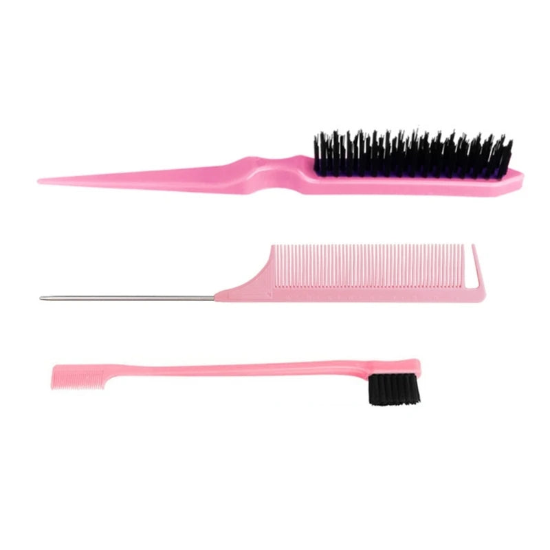 3Pcs Slick Back Hair Brush Set Bristle Hair Brush Brush Teasing Comb for Women Baby Kids Black Hair