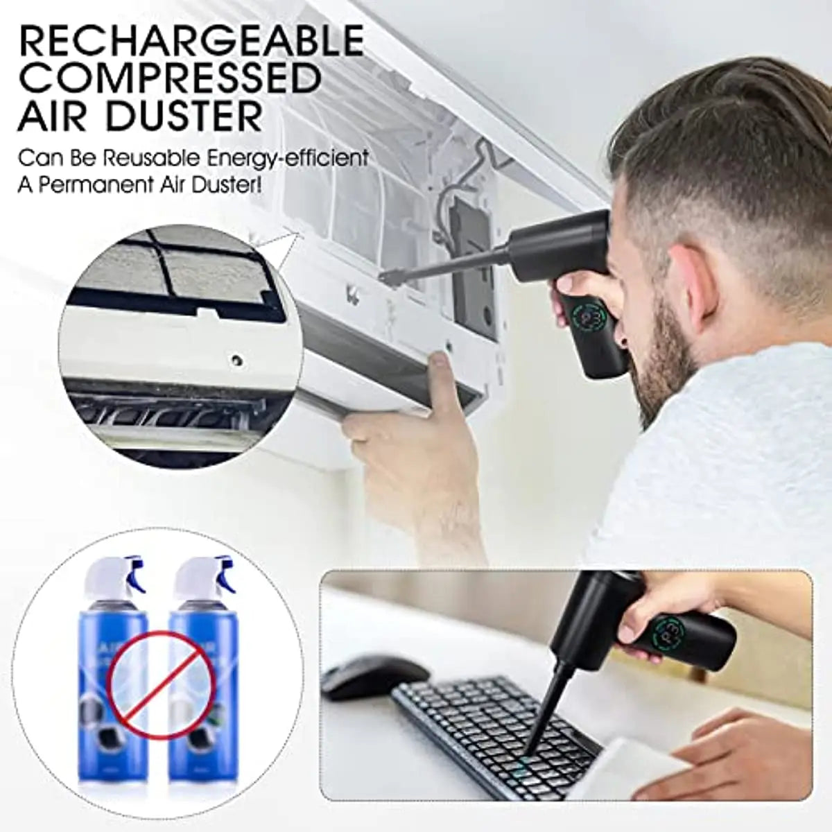 7500mAh Portable Compressed Air Duster 2 in 1 Air Blower & Vacuum Cleaner Cordless Duster Blower for Keyboard Computer Cleaning