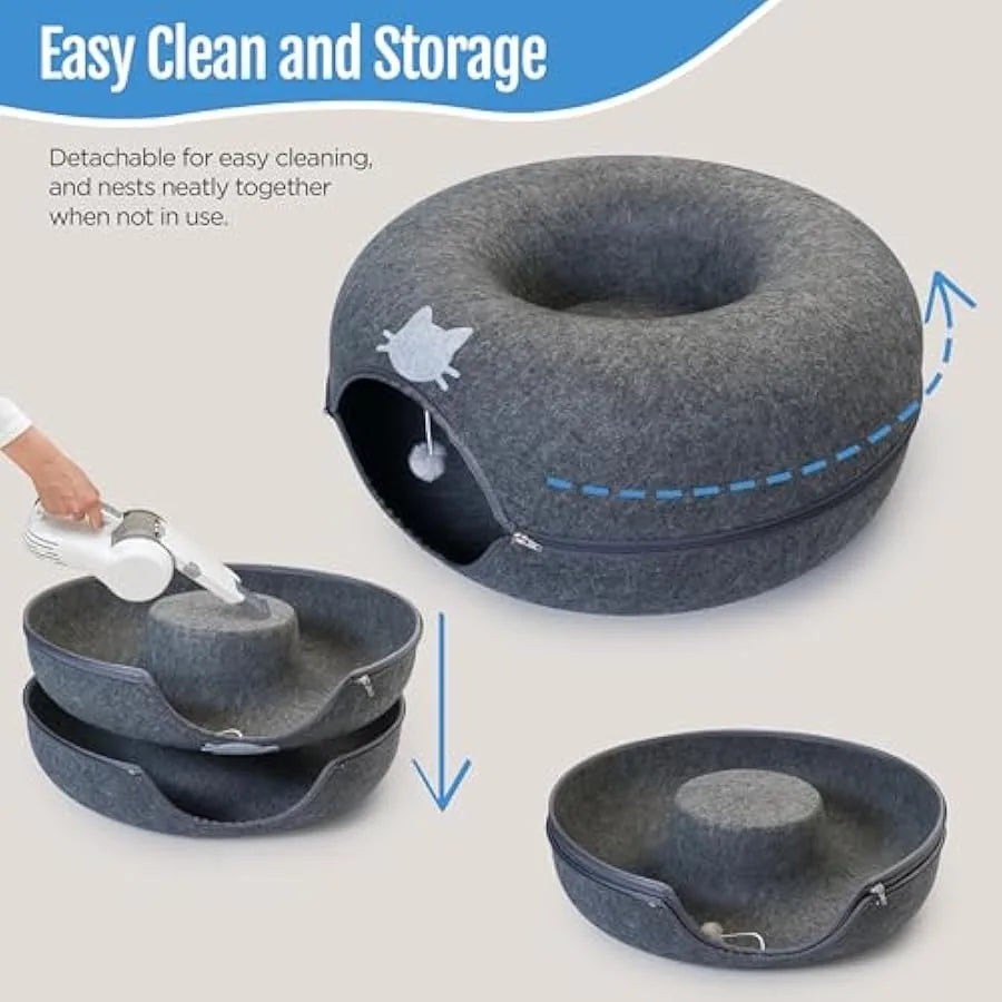 Cat Cave Donut Bed - Large Cat Tunnel Bed up to 30lbs - 3 Toy Balls and Hanging Ball Included - Detachable Cleanable Scratch Re