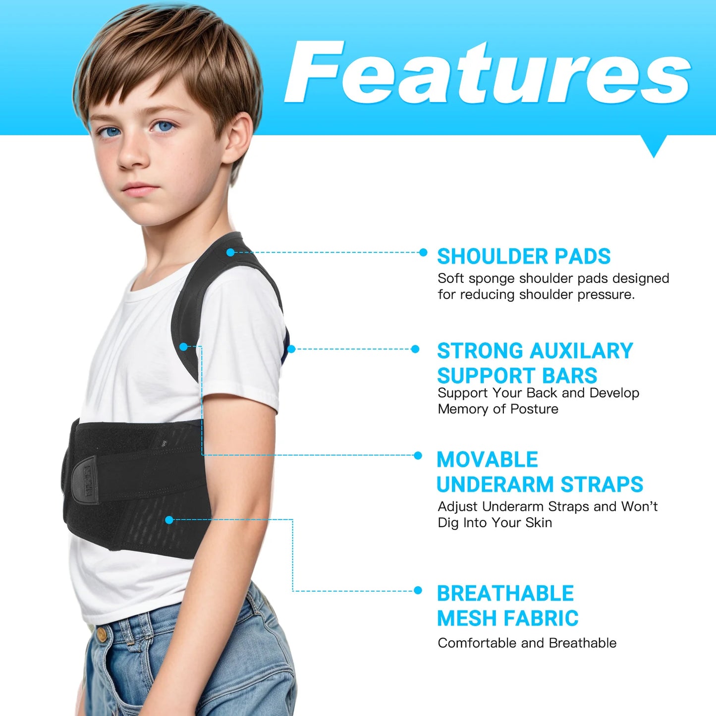 Babaka Child Posture Corrector Back Support Belt Comfortable Adjustable Back Brace Correct Hunchback Relieve Shoulder Back Pain