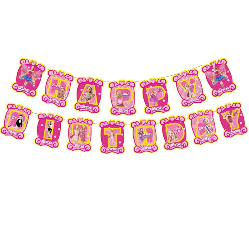 Barbie Birthday Party Supplies Pink Girl Disposable Tableware Banner Cupcake Topper Background Princess Balloons Gift Bag