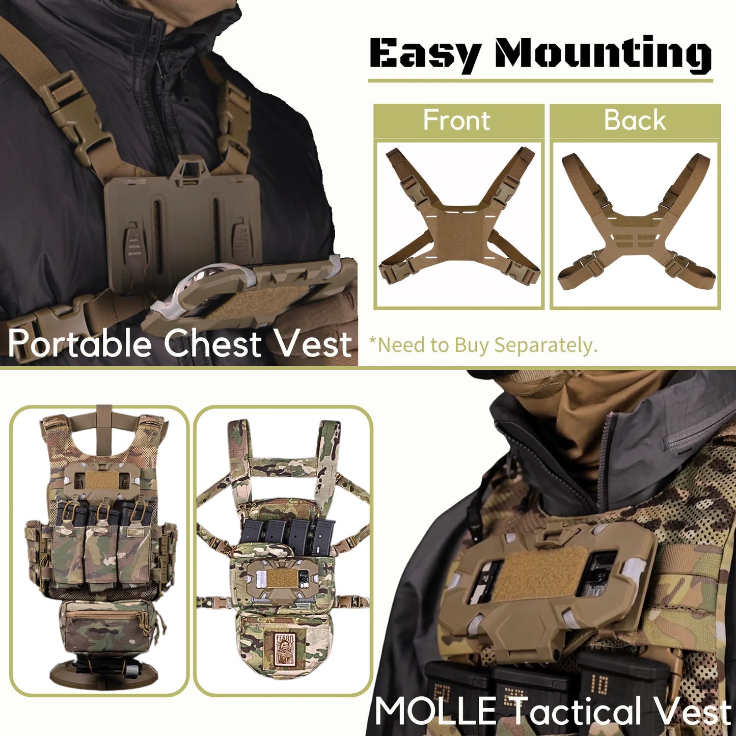 Airsoft Plate Carrier Molle Phone Carrier Outdoor Navigation Board, Quick Access Foldable Holder Vest Chest Rig Mount