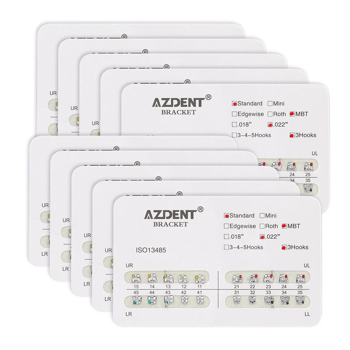 AZDENT 10Packs Dental Brackets Orthodontic Brace Metal Mini Standard Roth MBT Slot 0.022 0.018 Hooks 3-4-5 20pcs per Pack