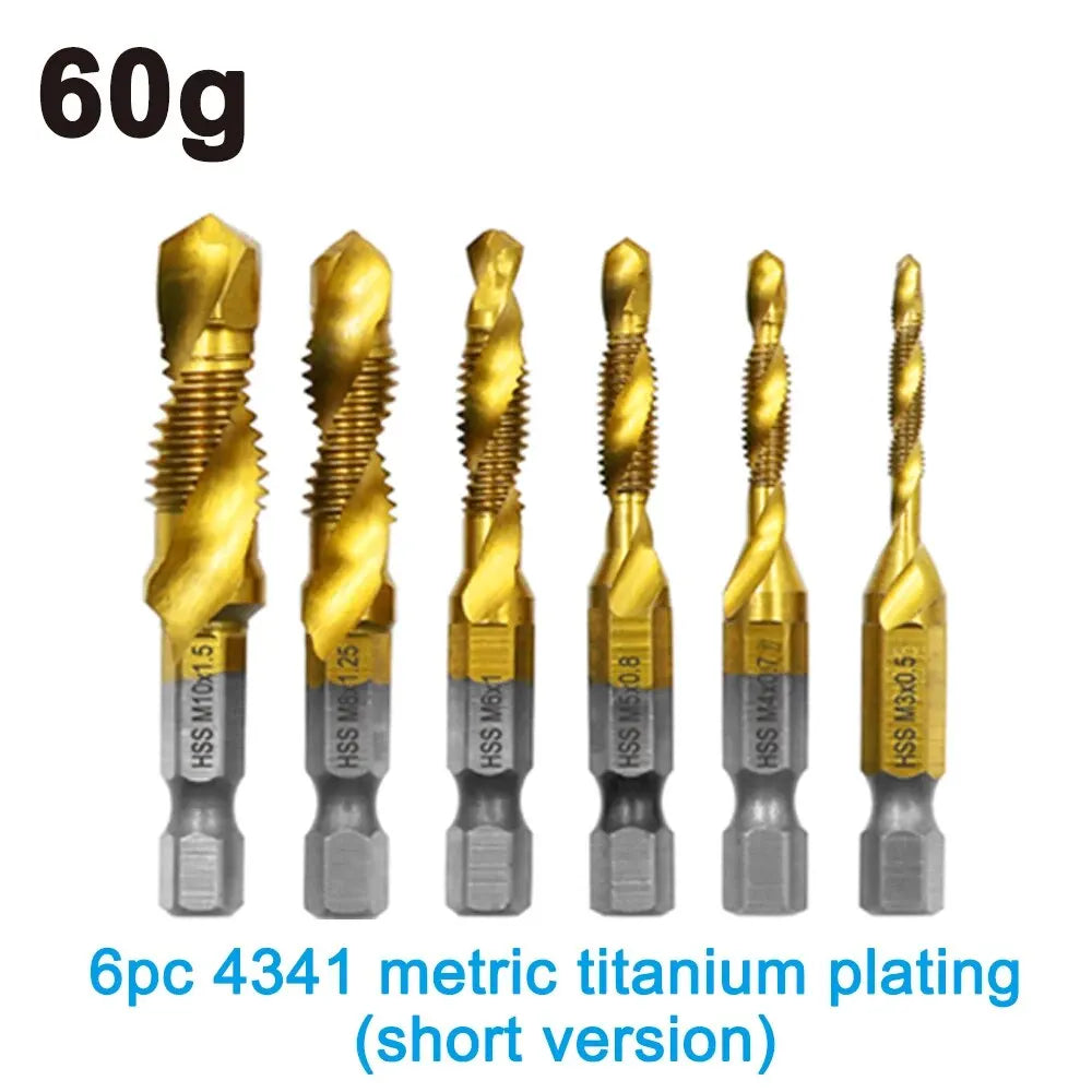 6pc High-speed Steel 4341 Titanium Plated Composite Tap Drill and Tap Integrated Machine Tap Open and Chamfer Tool Set