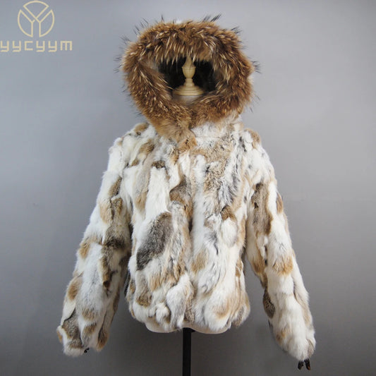 2025 Russian Women Real Rabbit Fur Coats Winter Warm 100% Natural Rabbit Fur Jacket Lady Warm With Raccoon Fur Hooded Outerwear