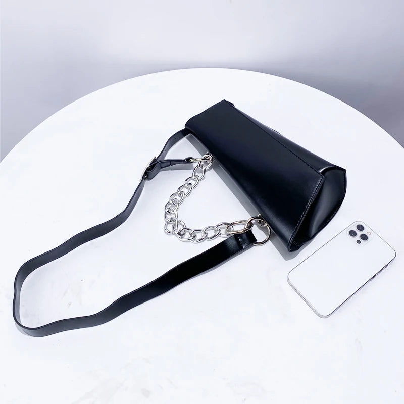 Black Messenger Bag For Women Luxury Designer Handbags Purses 2024 New In Fashion Asymmetrical Chain Decorate Shoulder Crossbody