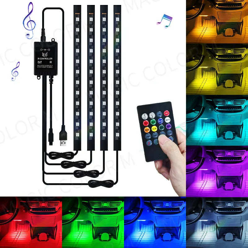 48/72 Led Car Foot Ambient Light RGB Automotive Interior Decorative Atmosphere Lamp Backlight Strip USB Wireless Remote Control