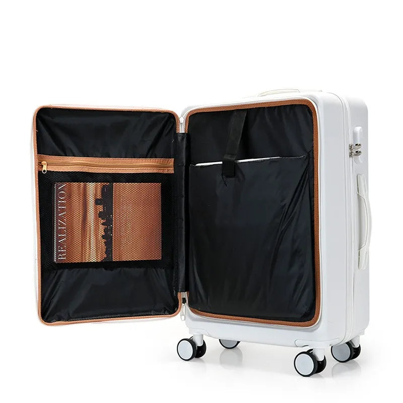 20 inch multifunctional front opening business luggage with swivel wheels and a pull rod