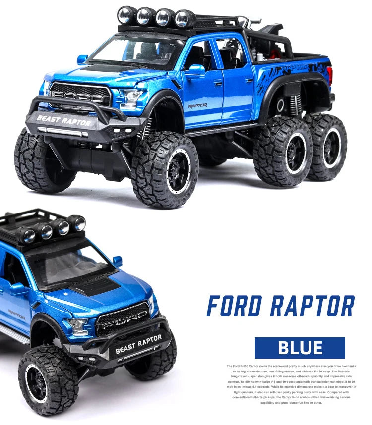 1:24 Pickup Trucks for Boys F150 Raptor Diecast Metal Model Car with Sound and Light for Kids Age 3 Year and up Blue