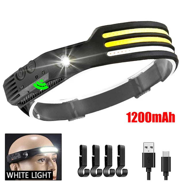 COB LED Headlamp Induction Head Lamp Built-in Battery USB Rechargeable Head Flashlight Outdoor Camping Fishing Sensor Headlight