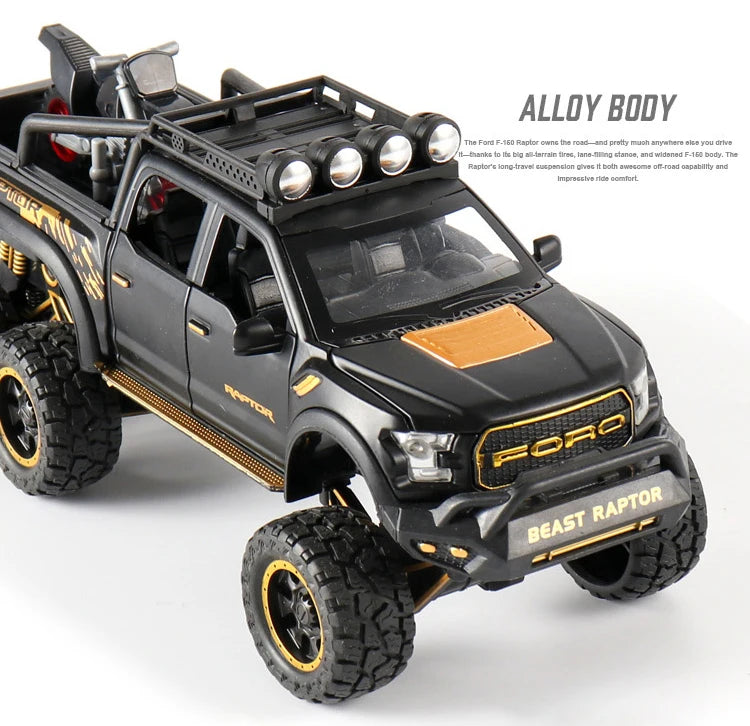 1:24 Pickup Trucks for Boys F150 Raptor Diecast Metal Model Car with Sound and Light for Kids Age 3 Year and up Blue