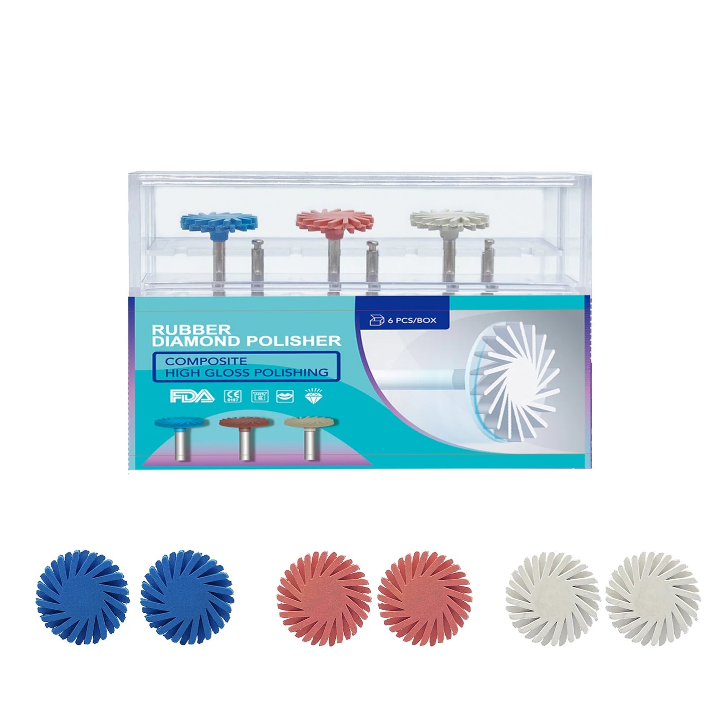 6Pcs Dental Rubber Polisher Composite Resin Polishing  Disc 14mm Wheel 3 Colors Spiral Flex Brush