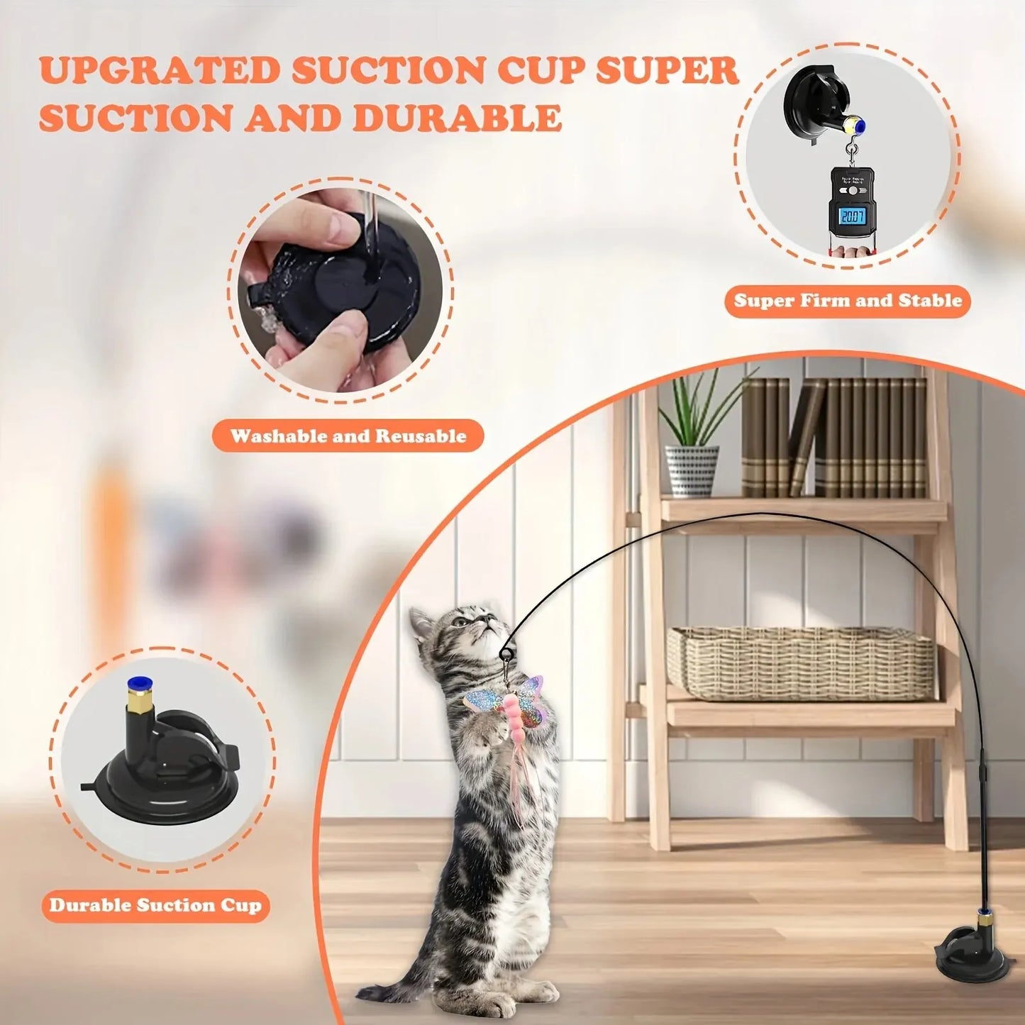 Cat Teaser Toy - Interactive Bell & Feather Wand - Long Suction Cup Pole for Exciting Playtime Adventures - Ultimate Cat Toy