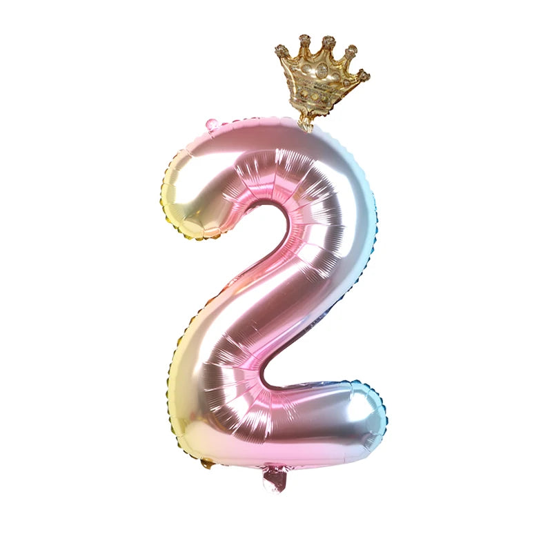 2pcs 32inch Rainbow Number Foil Balloons with Crown for Kids Boy Girl 1st Birthday Party Decorations Rose Gold Figures Globos