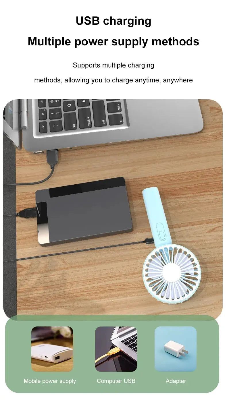 1pc New Portable Fan Office Desktop Multifunctional Folding Headed Small Electric Fan USB Mini Portable High Wind Pocket Fan