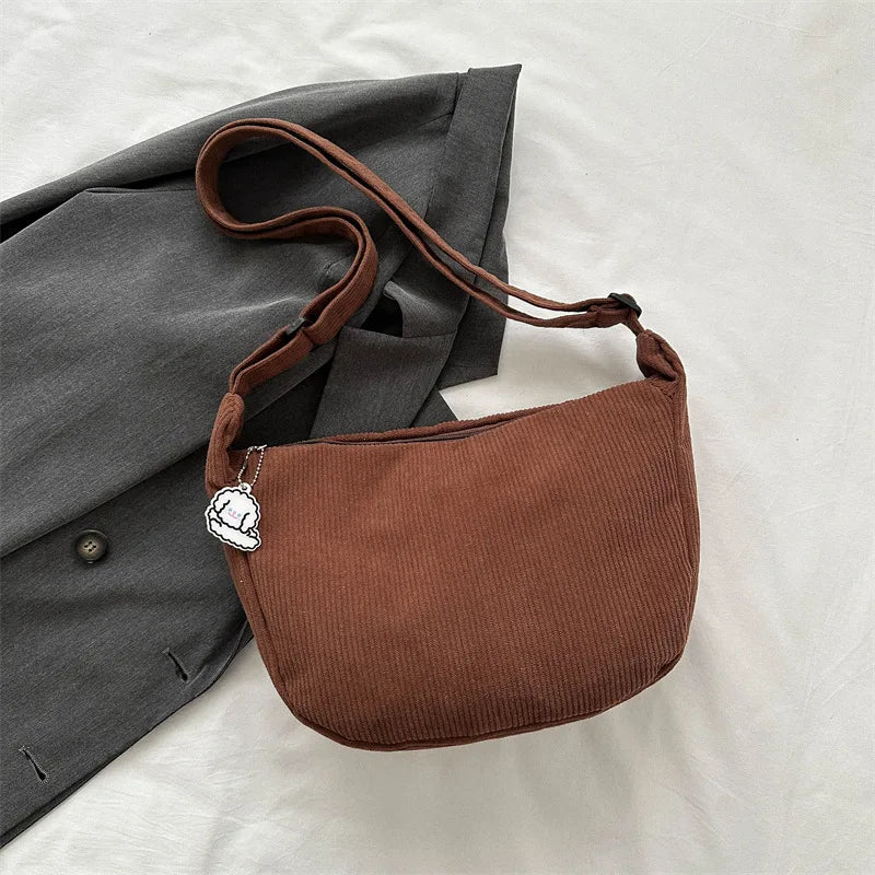 Black Corduroy Bags for Women Japanese Canvas Large Single Shoulder Crossbody Dumpling Bag Student Korean Casual Simple Handbag