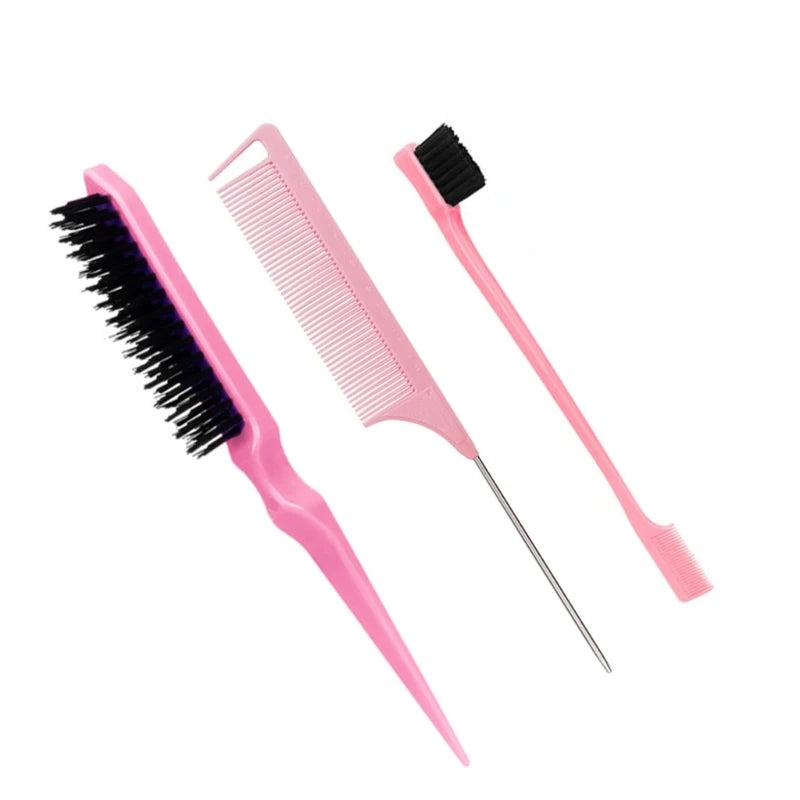 3Pcs Slick Back Hair Brush Set Bristle Hair Brush Brush Teasing Comb for Women Baby Kids Black Hair