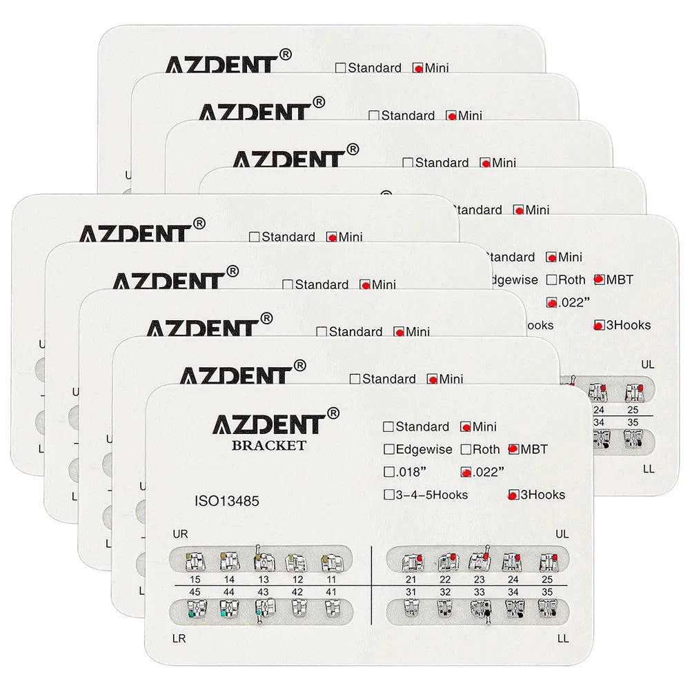 AZDENT 10Packs Dental Brackets Orthodontic Brace Metal Mini Standard Roth MBT Slot 0.022 0.018 Hooks 3-4-5 20pcs per Pack