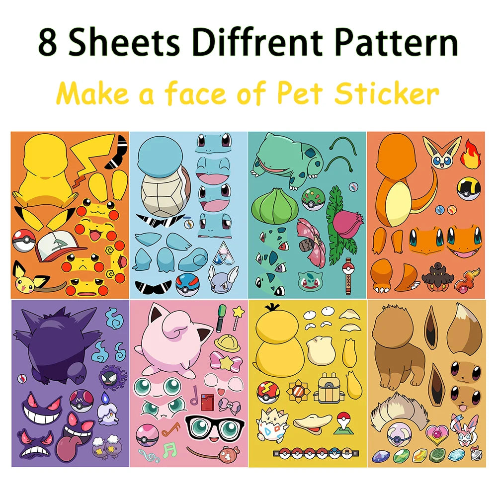 32Sheets Children DIY Puzzle Sticker Pokemon Face Funny Anime Pikachu Assemble Stickers Kids Toys Boys Girls Gifts