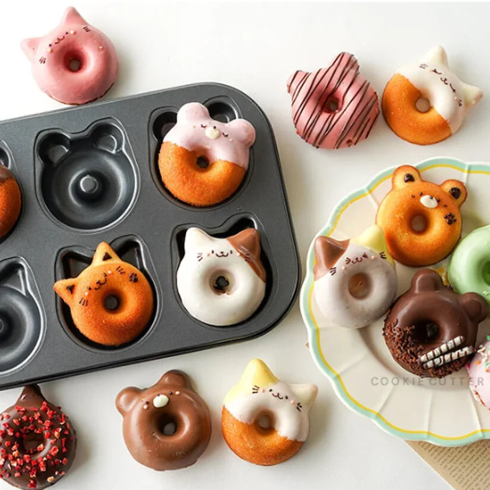 6 Holes Nonstick Cake Donuts Baking Mold 3d Cat Bear Cupcake Brownie Pastry Baking Tray Kitchen Dessert Bread Bakeware Tools