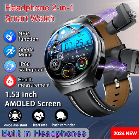 2024 New Smart Watch TWS Headset Two In One Wireless Bluetooth Dual Earbuds Call Health Monitor Sport Tracker NFC Smartwatch man