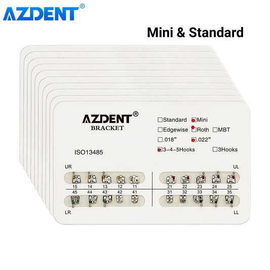 AZDENT 10Packs Dental Brackets Orthodontic Brace Metal Mini Standard Roth MBT Slot 0.022 0.018 Hooks 3-4-5 20pcs per Pack