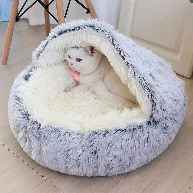 1PC Cat Beds Round Soft Plush Burrowing Cave Hooded Cat Bed Donut for Dogs Cats Comfortable Self Warming Dog Bed Pet Accessories