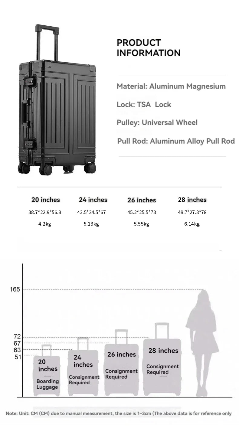 2024 Capacity Durable Luggage Sets 100% Aluminum Suitcase Wheels Women Girl Men Cabin Carry-On Boarding Travel 20/24/26/28