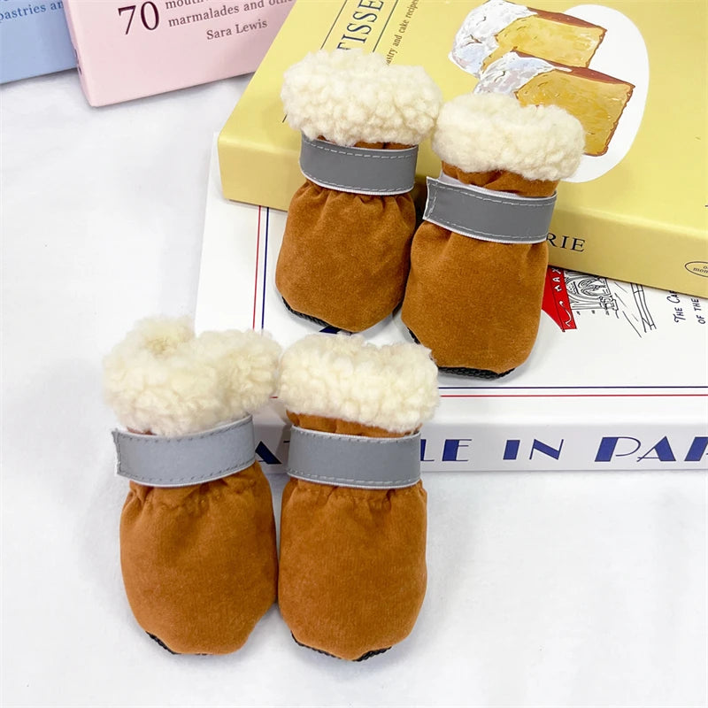 4Pcs/Lot Winter Thick Warm Dog Shoes Soft Plush Non-slip Waterproof Snow Boot Puppy Outdoor Walking Shoes Pet Accessories