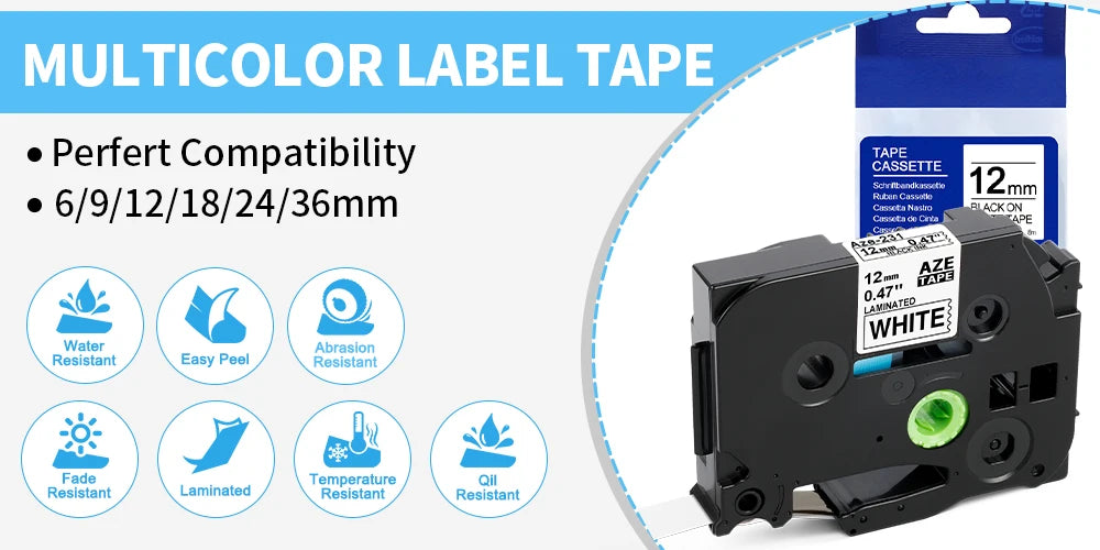 6/9/12mm Compatible for Brother Label Tape 12mm tze-231 Laminated Ribbon for P-touch Label Maker PTH110 PTP710bt PTD200 PTH100