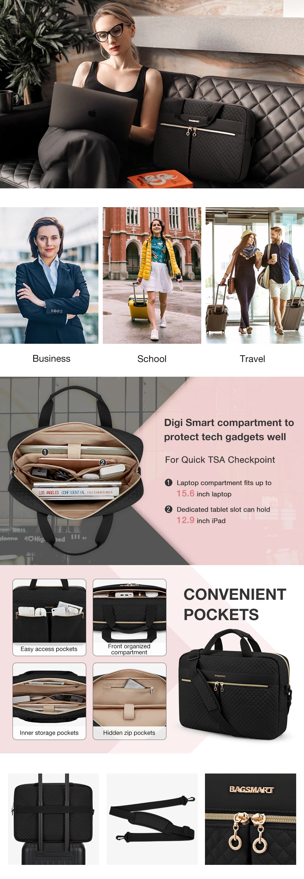 BAGSMART Laptop Bags for Women 15.6 17.3 inch Notebook Bag for Macbook Air Pro 13 15 Computer Handbag Briefcase Work Bag