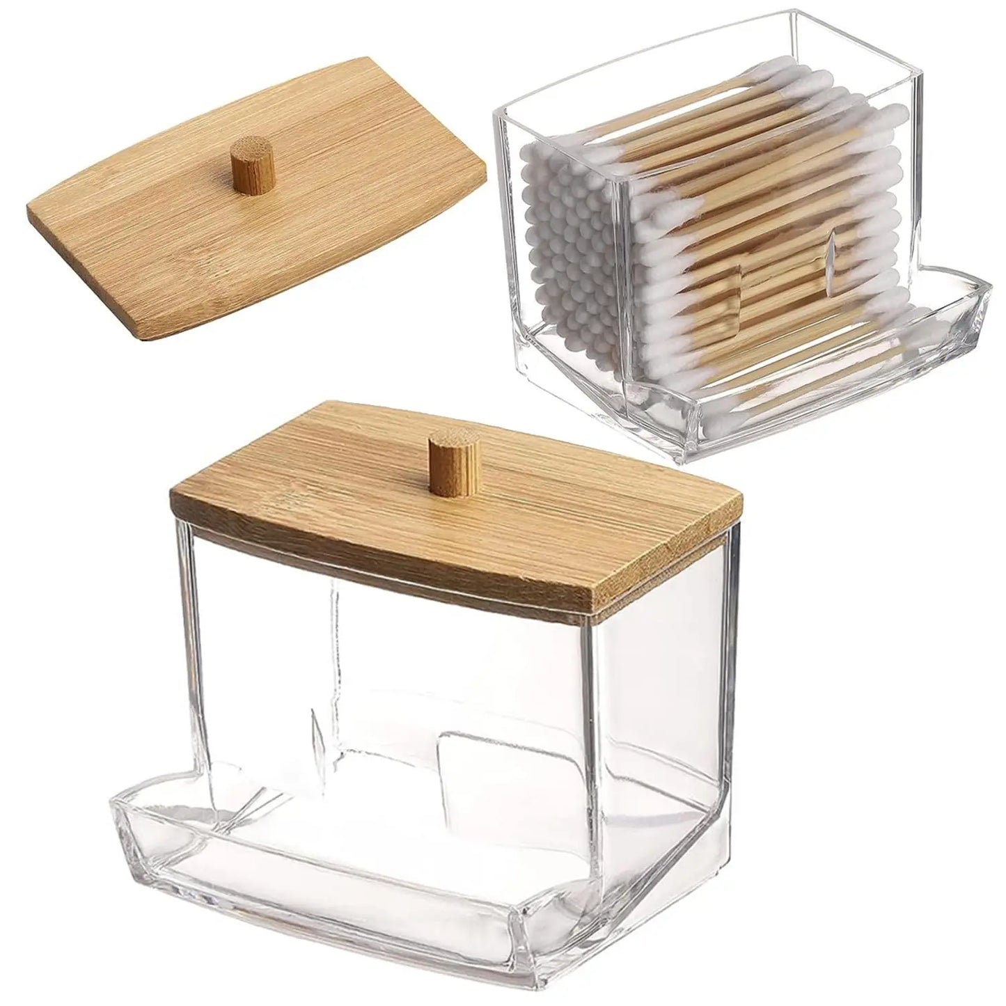 1Pcs Cotton Swab Holder, Cotton Swab Dispenser with Bamboo Lids,Bamboo Bathroom Storage Jars Storage Containers Clear Plastic