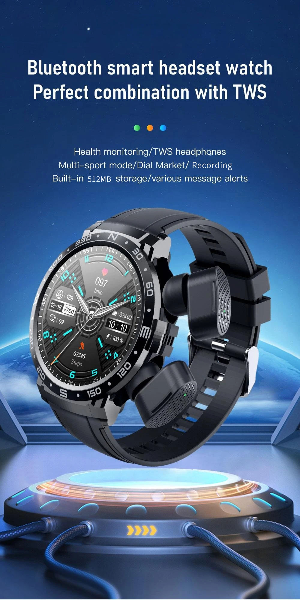 2024 NEW Headset Smart Watch TWS Two In One Wireless Bluetooth Dual Headset Call Health Blood Pressure Sport Music Smartwatch