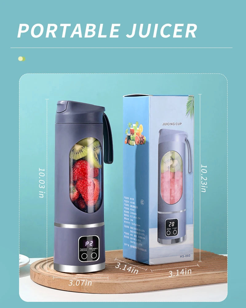 450mL Portable Fruit Juicer with 8 Page Blade Home USB Rechargeable Large Capacity with Digital Display Juice Maker Machine