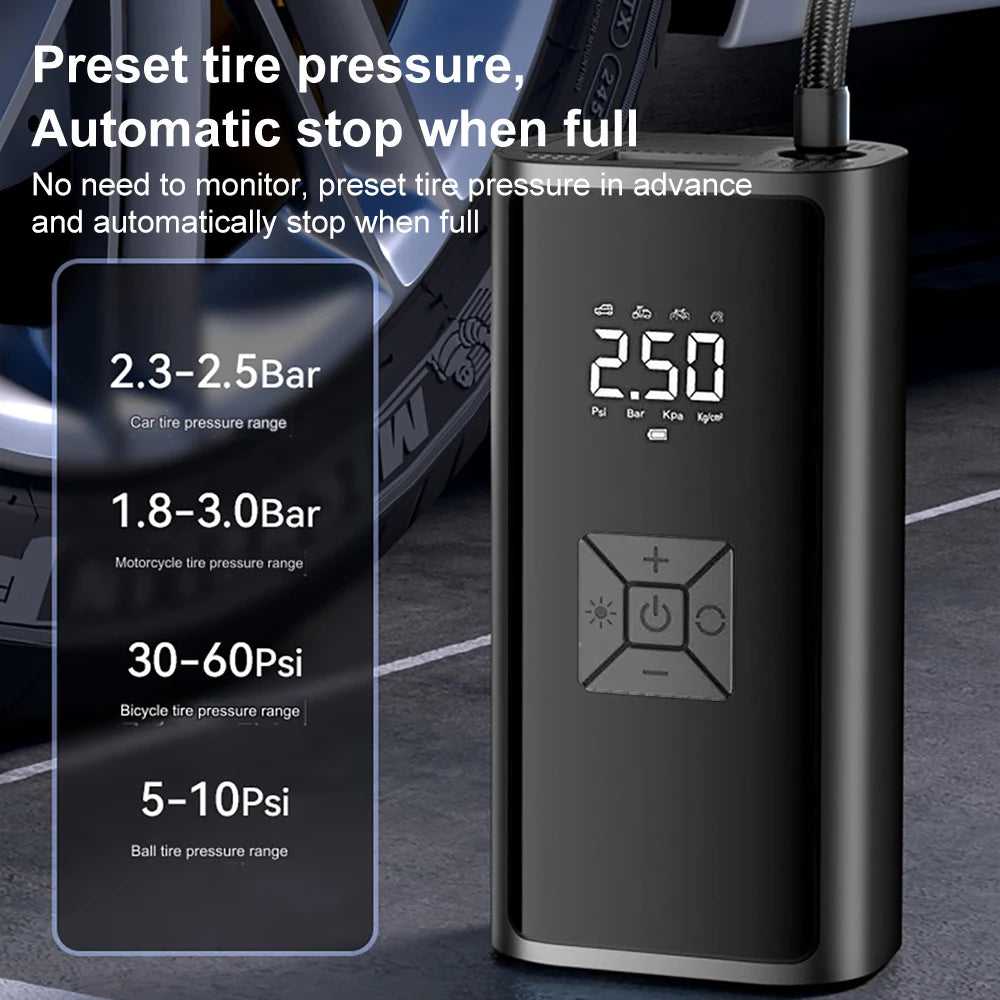 120W Car Air Compressor 150PSI 6000mAh Portable Electric Air Pump Car Tire Inflator For Motorcycle Bicycle Tire Air Filling Pump