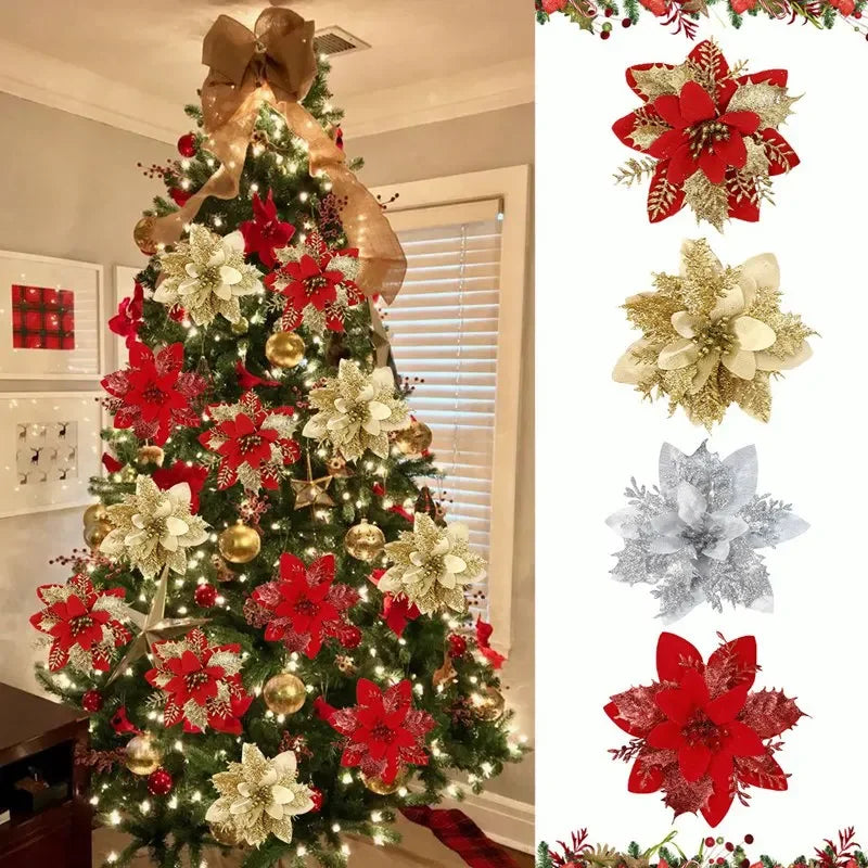 Christmas Glitter Artificial Flowers Christmas Tree Hanging Ornaments Fake Flower for Home 2024 Xmas New Year 2025 Navidad Gift