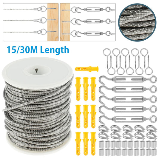 15M/30M Stainless Steel Heavy Duty Cable Rope Garden Wire Cable Railing Wire Fence Roll Kits for Outdoor Tent Rope Cleaning Rope